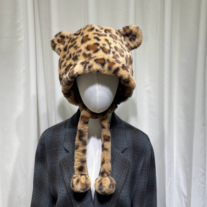 Khaki Leopard Print Beanie Trendy Bear Ear Flap Hat Cute Cartoon Plush Hats Halloween Costume Accessories Animal Hat For Women Female