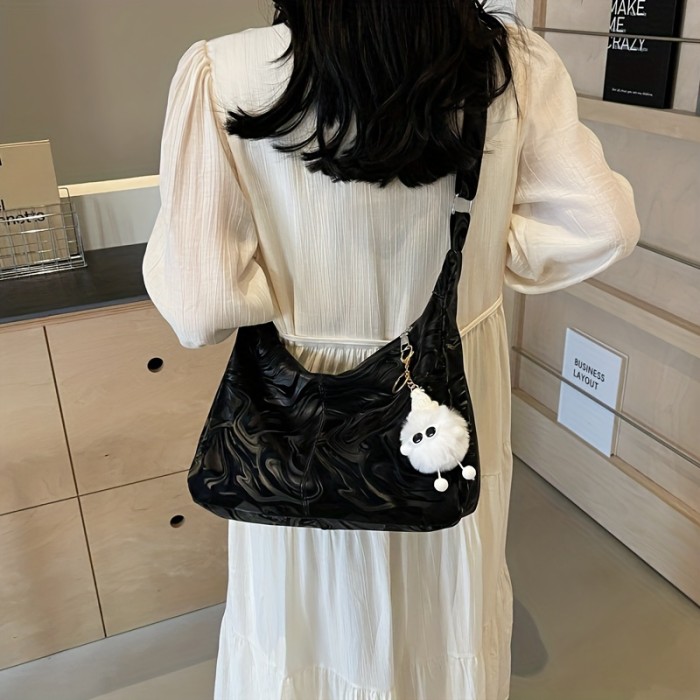 Urban Chic Faux Leather Crossbody Bag with Zipper Closure and Polycotton Lining - Solid Color, Fashionable Large Capacity Shoulder Handbag with Charm Accessory