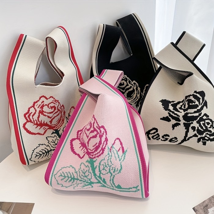 Fashion Floral Pattern Knit Handbag, Lightweight Bucket Bag, Versatile Women's Everyday Bag