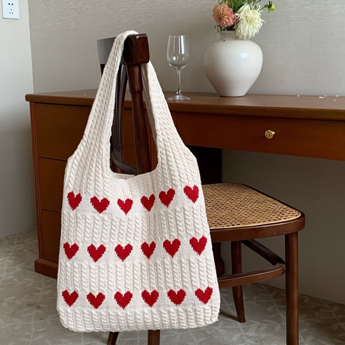 Women's knitted handbags, crochet shoulder bags, heart pattern handbags, beautiful daily knitted bags, sweet knitted shoulder bags