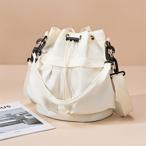 Women's Casual Nylon Crossbody Bag, Multifunctional Large Capacity Shoulder Purse with Drawstring, Daily Commuter Wallet Phone Bag, Removable Strap, Solid Color, Polyester Lining, Hand Wash or Dry Clean, Lightweight, No Print, No Embroidery, Available in Yellow, Purple, Green, White, Blue, Black