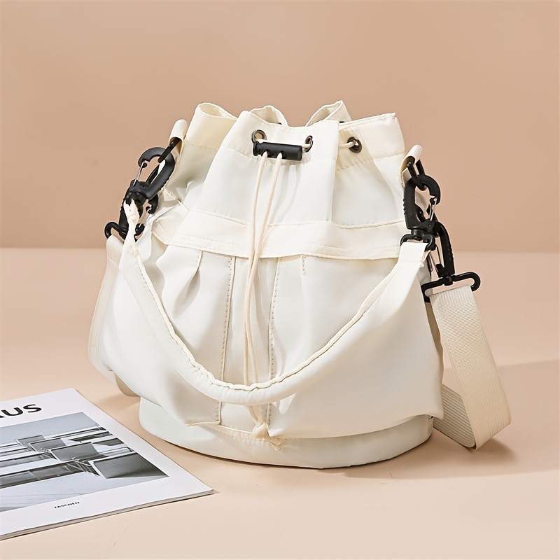 Women's Casual Nylon Crossbody Bag, Multifunctional Large Capacity Shoulder Purse with Drawstring, Daily Commuter Wallet Phone Bag, Removable Strap, Solid Color, Polyester Lining, Hand Wash or Dry Clean, Lightweight, No Print, No Embroidery, Available in Yellow, Purple, Green, White, Blue, Black