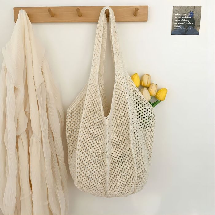 Crochet handbag, fashionable knitted bag, hollow large capacity handbag, casual solid color retro holiday bag, solid color woven shoulder bag