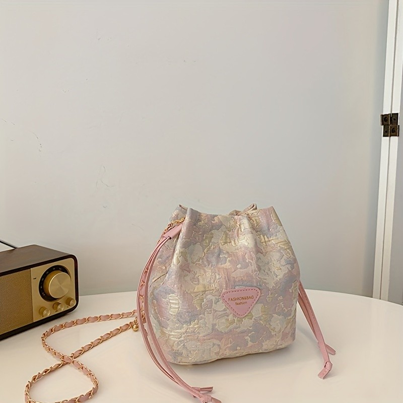 Floral Pattern Microfiber Leather Shoulder Bag with Chain Strap and Buckle Closure, Elegant Messenger Crossbody Bag with Polyester Lining and Edge Paint - Summer Bucket Style