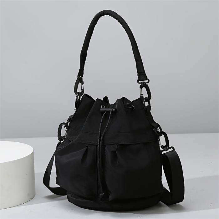 Women's Casual Nylon Crossbody Bag, Multifunctional Large Capacity Shoulder Purse with Drawstring, Daily Commuter Wallet Phone Bag, Removable Strap, Solid Color, Polyester Lining, Hand Wash or Dry Clean, Lightweight, No Print, No Embroidery, Available in Yellow, Purple, Green, White, Blue, Black