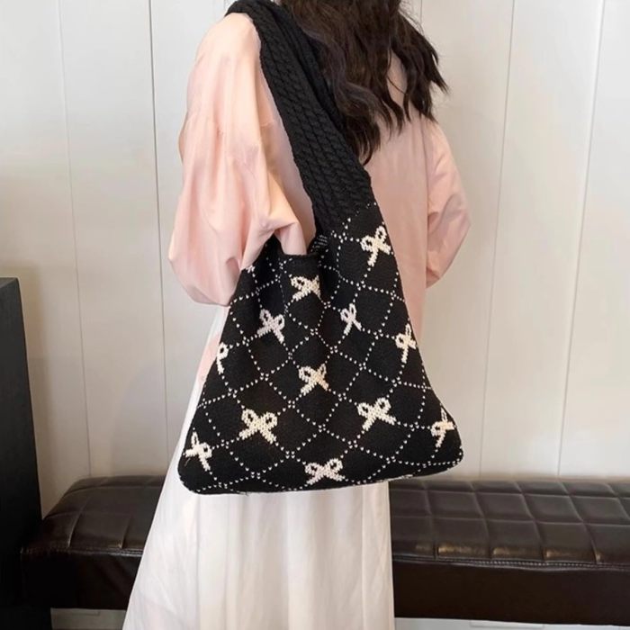 bow handbag, cute crochet handbag, beautiful beach bag, cute shoulder handbag, large capacity crochet grocery bag, crochet bag bow bag, beach mesh knit bag, boho bag