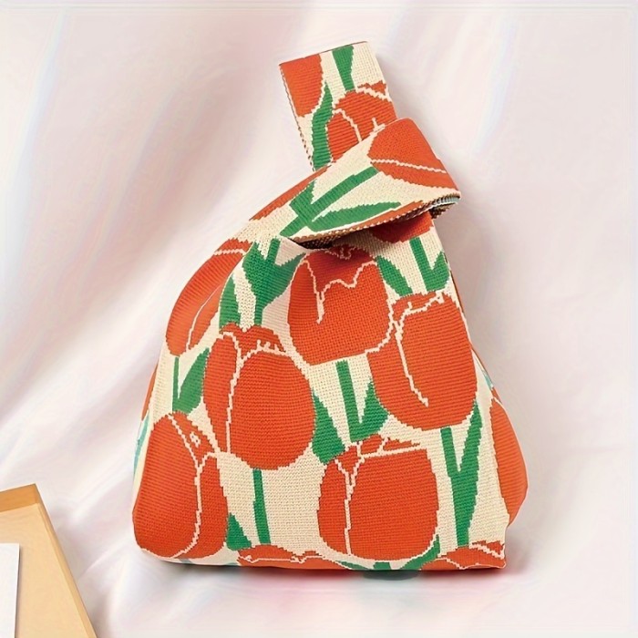 Fashion Floral Pattern Knit Handbag, Lightweight Bucket Bag, Versatile Women's Everyday Bag