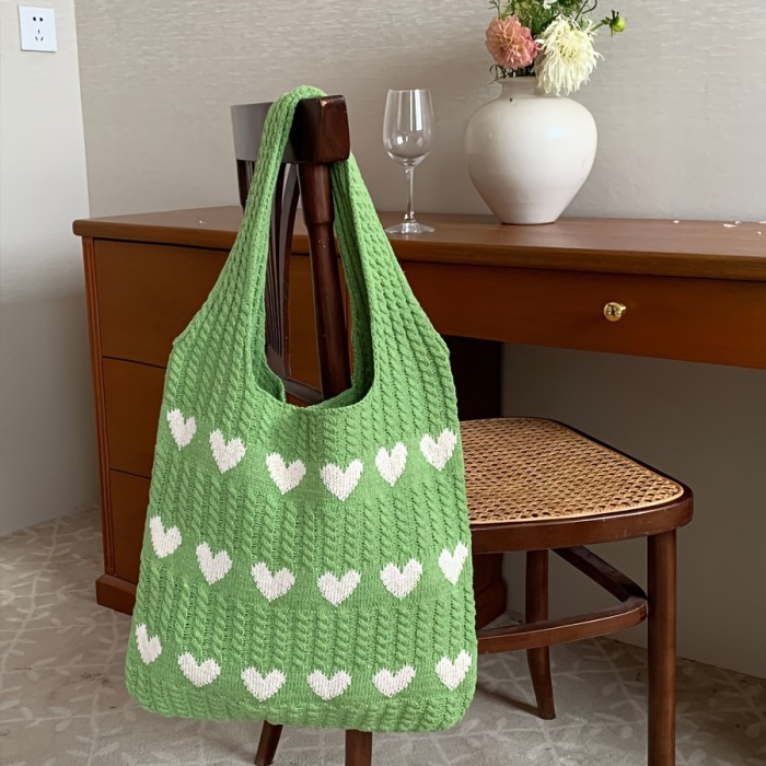 Women's knitted handbags, crochet shoulder bags, heart pattern handbags, beautiful daily knitted bags, sweet knitted shoulder bags