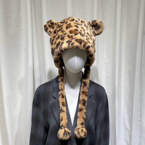 Khaki Leopard Print Beanie Trendy Bear Ear Flap Hat Cute Cartoon Plush Hats Halloween Costume Accessories Animal Hat For Women Female