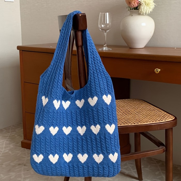 Women's knitted handbags, crochet shoulder bags, heart pattern handbags, beautiful daily knitted bags, sweet knitted shoulder bags