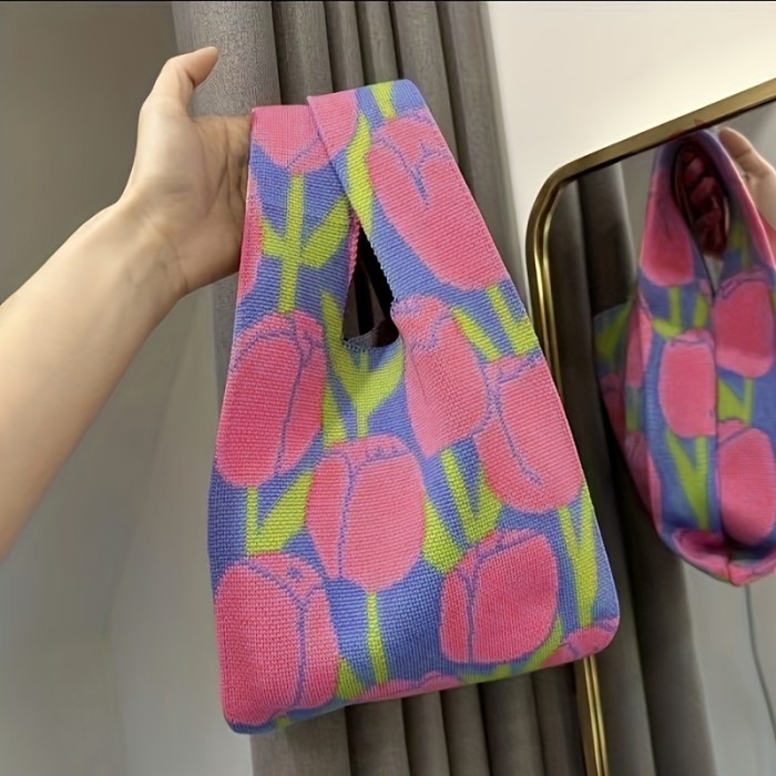 Fashion Floral Pattern Knit Handbag, Lightweight Bucket Bag, Versatile Women's Everyday Bag