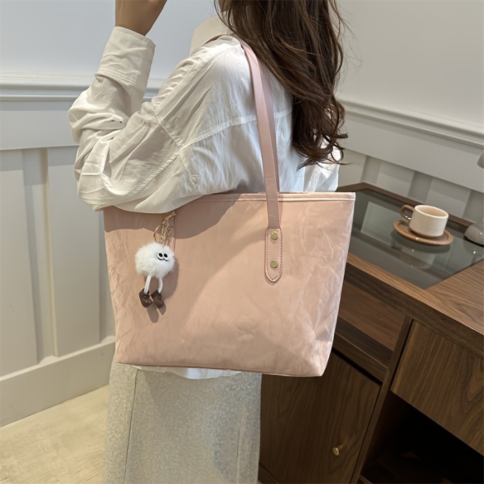 Chic Large Capacity Tote Bag for Women - Fashionable Faux Leather Shoulder & Crossbody Handbag with Cute Charm, Perfect for Shopping & Everyday Use