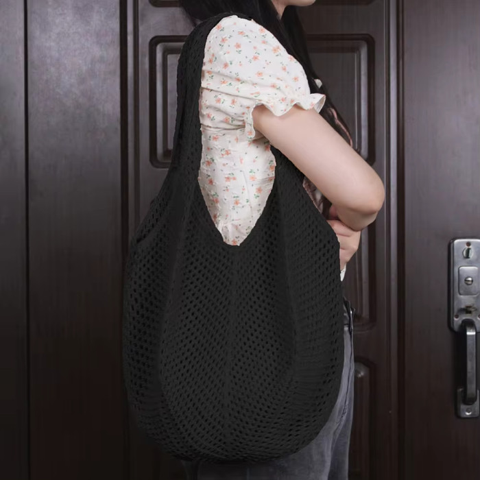 Crochet handbag, fashionable knitted bag, hollow large capacity handbag, casual solid color retro holiday bag, solid color woven shoulder bag