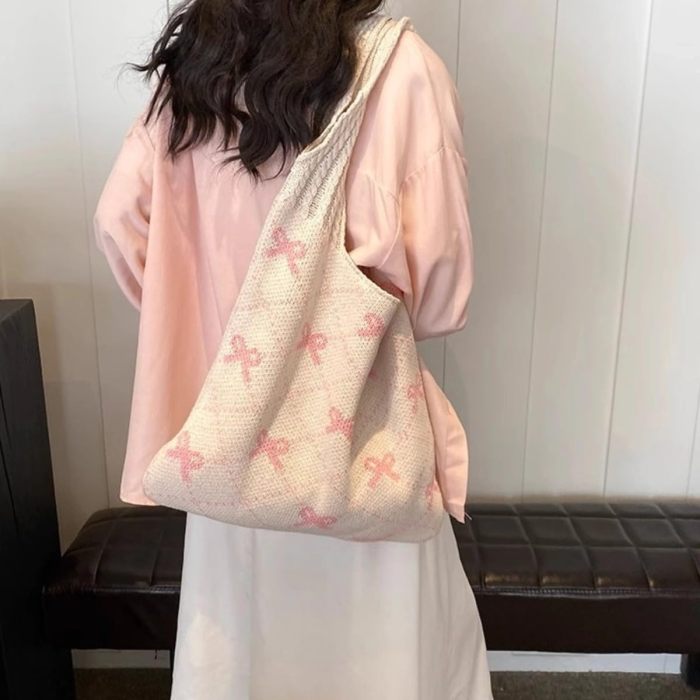 bow handbag, cute crochet handbag, beautiful beach bag, cute shoulder handbag, large capacity crochet grocery bag, crochet bag bow bag, beach mesh knit bag, boho bag