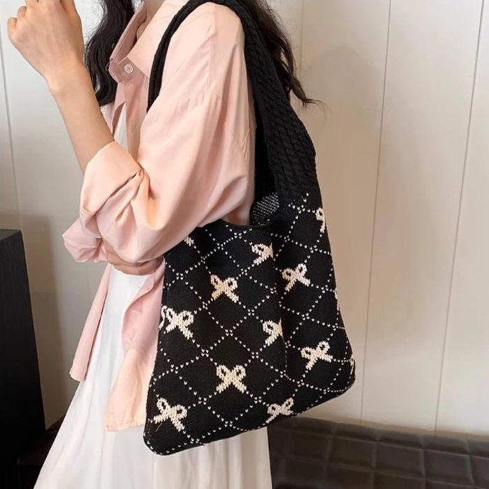 bow handbag, cute crochet handbag, beautiful beach bag, cute shoulder handbag, large capacity crochet grocery bag, crochet bag bow bag, beach mesh knit bag, boho bag