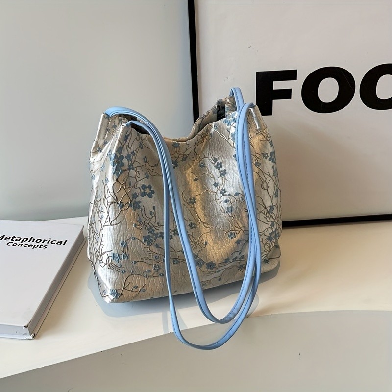 Elegant Floral Print Shoulder Bag For Women, Casual Versatile Crossbody Purse, Aesthetic Daily Commute Bucket Handbag