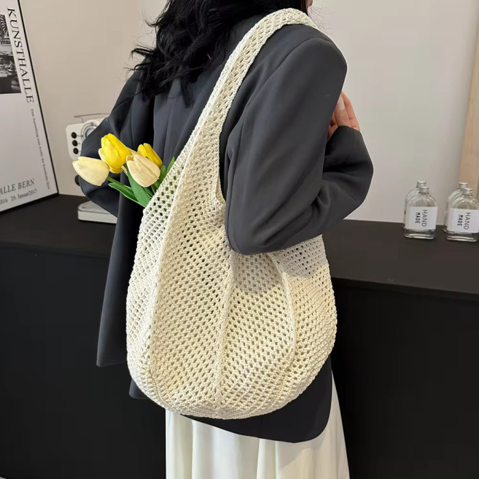 Crochet handbag, fashionable knitted bag, hollow large capacity handbag, casual solid color retro holiday bag, solid color woven shoulder bag