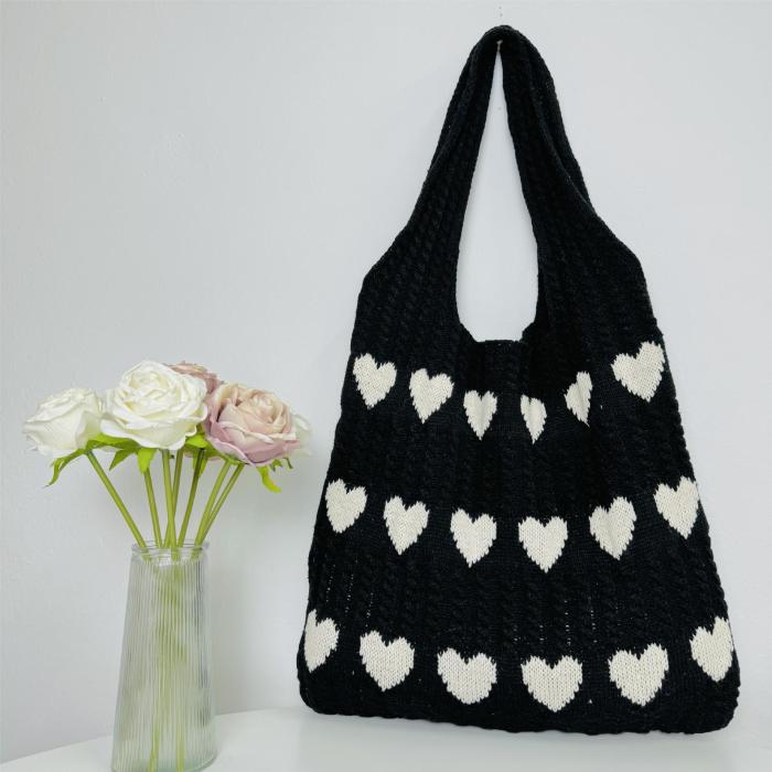 Women's knitted handbags, crochet shoulder bags, heart pattern handbags, beautiful daily knitted bags, sweet knitted shoulder bags