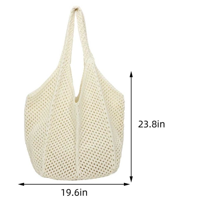 Crochet handbag, fashionable knitted bag, hollow large capacity handbag, casual solid color retro holiday bag, solid color woven shoulder bag