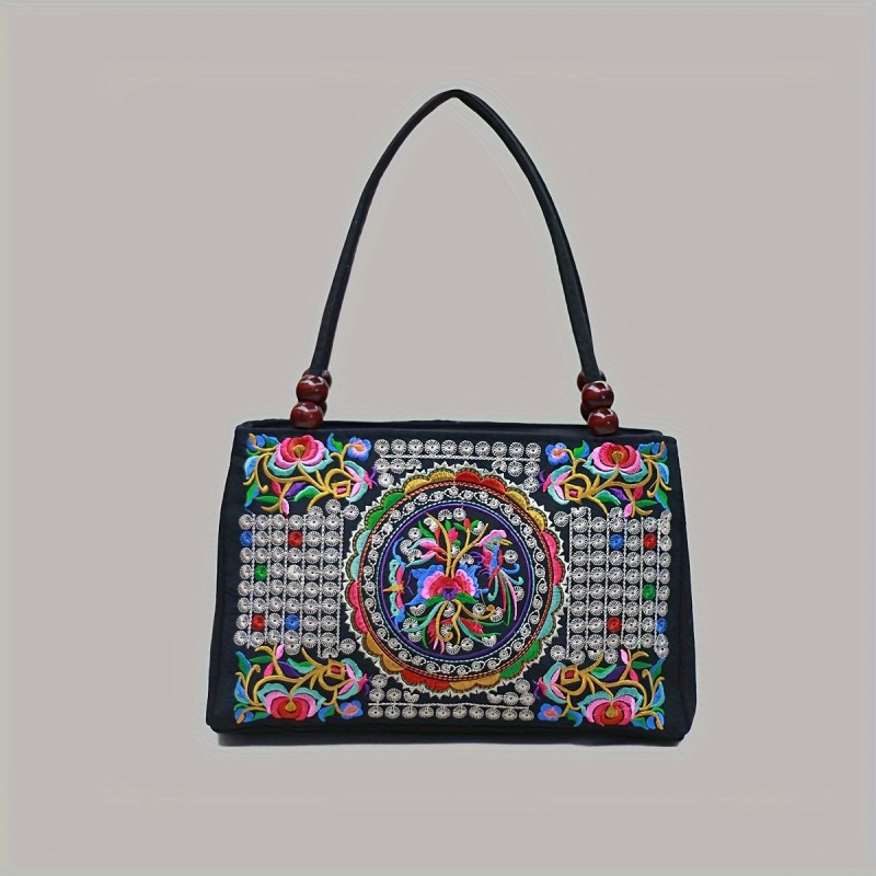 Ethnic Embroidery Handbag For Women, Shoulder Bag With Vintage Floral Design, Retro Beaded Tote Bag
