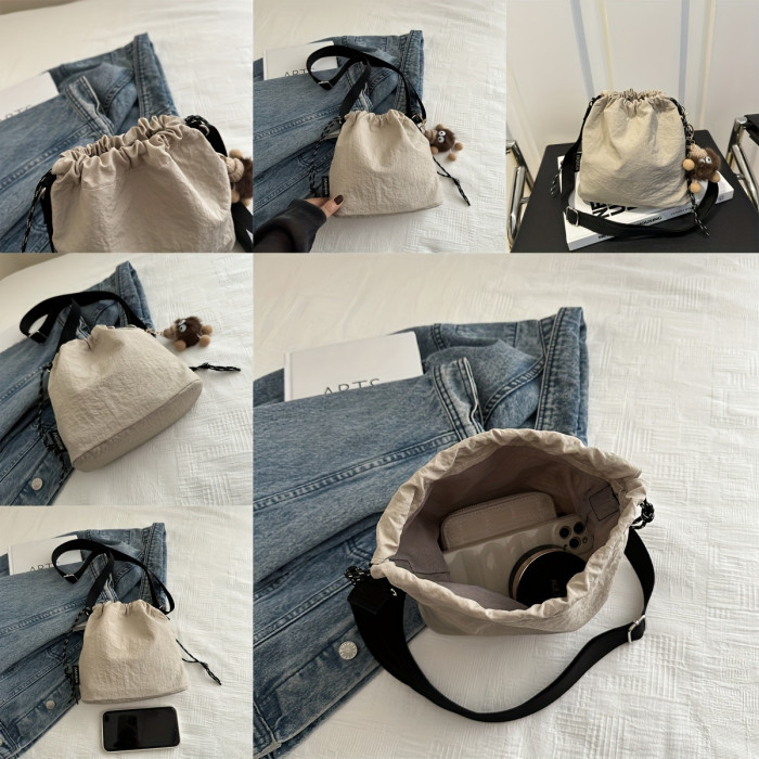 CCidea Cartoon Themed Canvas Crossbody Bag for Women - Solid Color, Hand Washable, Polyester Lined, Drawstring Closure, Cute Pendant Accessory, Lightweight Sports Single Shoulder Bag with Large Capacity