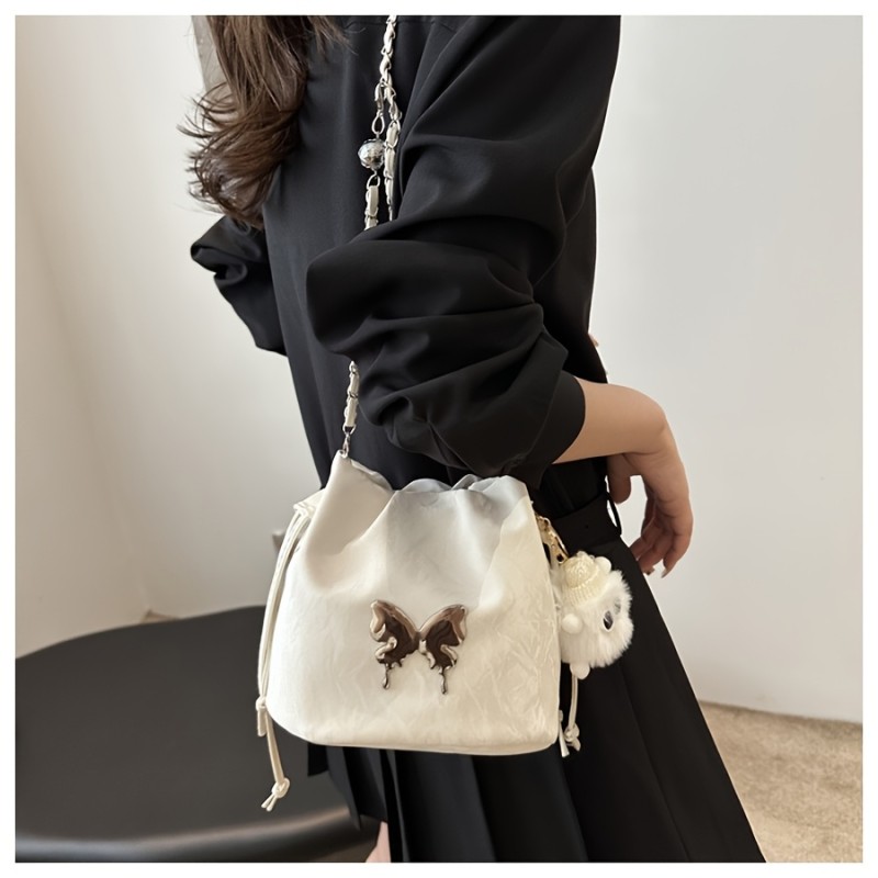 Elegant Chic Bucket Crossbody Bag with Soft Velvet Touch, Large Capacity & Plush Pendant - Butterfly Metal Accent, Drawstring Closure, Adjustable Strap for Women - Perfect for Parties, Travel & Everyday Use