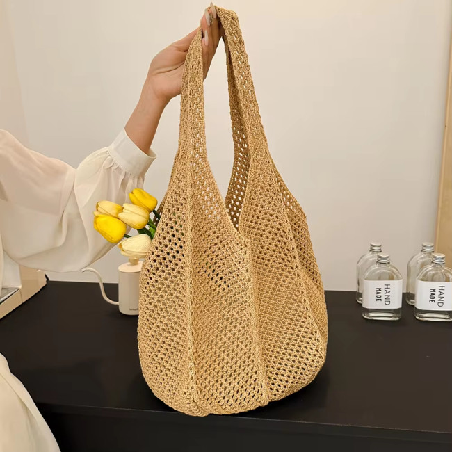 Crochet handbag, fashionable knitted bag, hollow large capacity handbag, casual solid color retro holiday bag, solid color woven shoulder bag