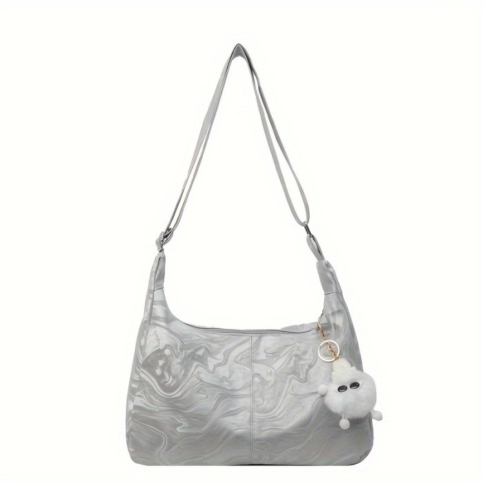Urban Chic Faux Leather Crossbody Bag with Zipper Closure and Polycotton Lining - Solid Color, Fashionable Large Capacity Shoulder Handbag with Charm Accessory