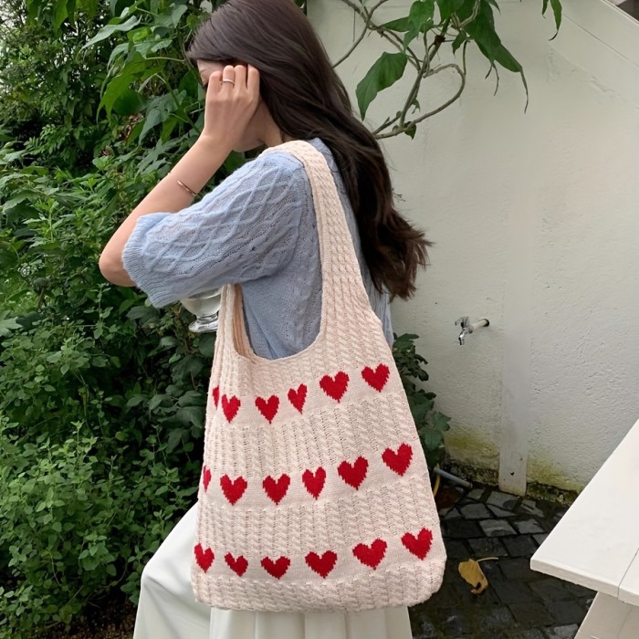 Women's knitted handbags, crochet shoulder bags, heart pattern handbags, beautiful daily knitted bags, sweet knitted shoulder bags