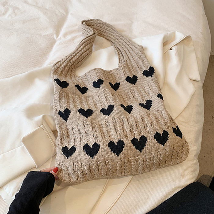 Women's knitted handbags, crochet shoulder bags, heart pattern handbags, beautiful daily knitted bags, sweet knitted shoulder bags