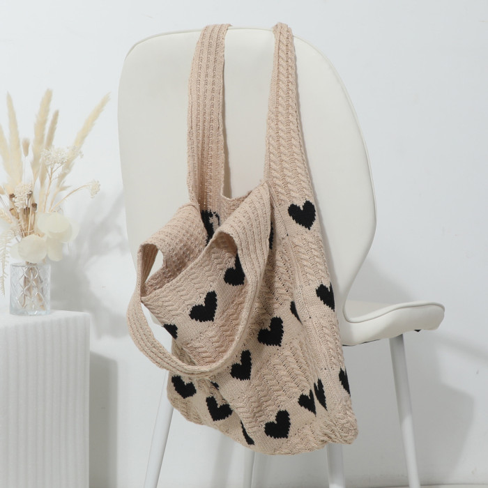 Women's knitted handbags, crochet shoulder bags, heart pattern handbags, beautiful daily knitted bags, sweet knitted shoulder bags