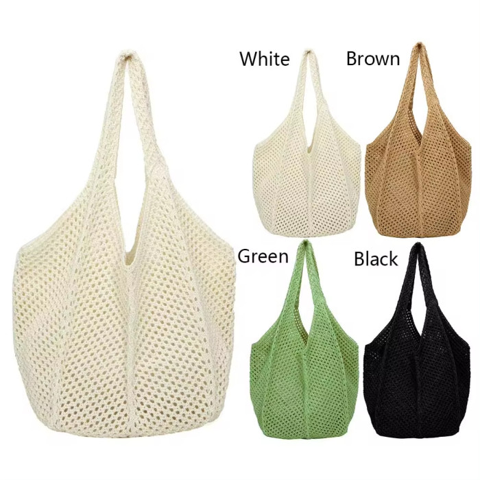 Crochet handbag, fashionable knitted bag, hollow large capacity handbag, casual solid color retro holiday bag, solid color woven shoulder bag