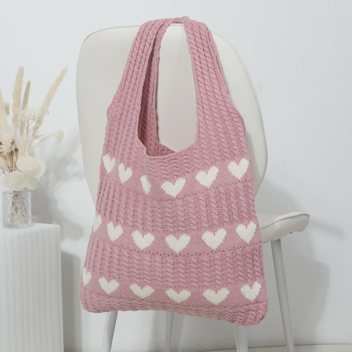 Women's knitted handbags, crochet shoulder bags, heart pattern handbags, beautiful daily knitted bags, sweet knitted shoulder bags