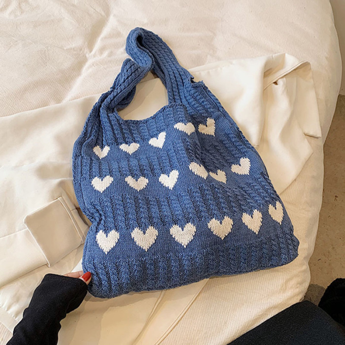 Women's knitted handbags, crochet shoulder bags, heart pattern handbags, beautiful daily knitted bags, sweet knitted shoulder bags