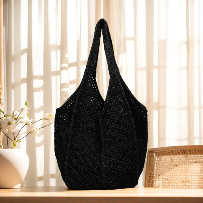 Crochet handbag, fashionable knitted bag, hollow large capacity handbag, casual solid color retro holiday bag, solid color woven shoulder bag