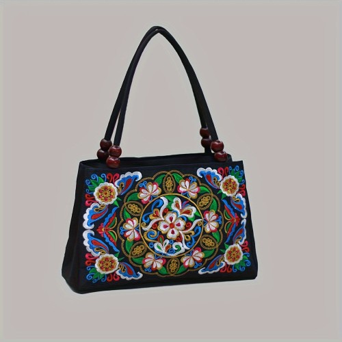 Ethnic Embroidery Handbag For Women, Shoulder Bag With Vintage Floral Design, Retro Beaded Tote Bag