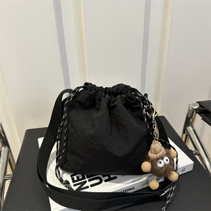 CCidea Cartoon Themed Canvas Crossbody Bag for Women - Solid Color, Hand Washable, Polyester Lined, Drawstring Closure, Cute Pendant Accessory, Lightweight Sports Single Shoulder Bag with Large Capacity