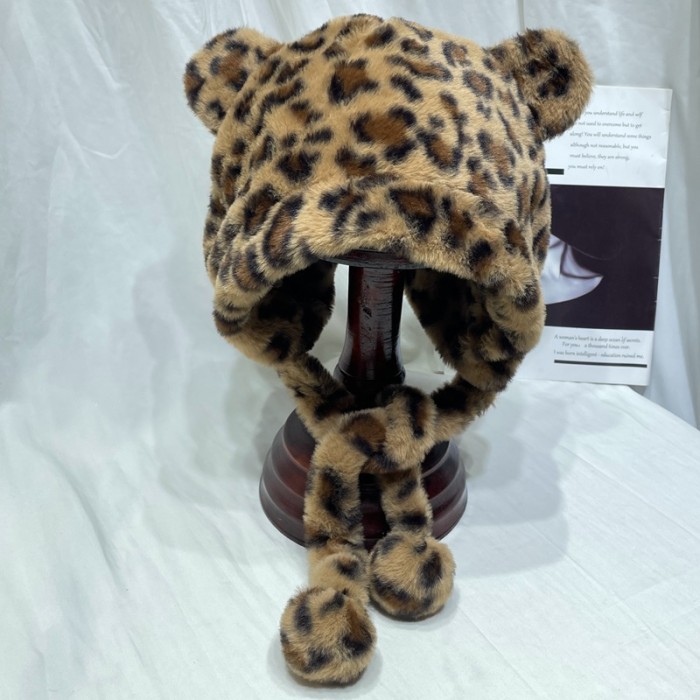 Khaki Leopard Print Beanie Trendy Bear Ear Flap Hat Cute Cartoon Plush Hats Halloween Costume Accessories Animal Hat For Women Female