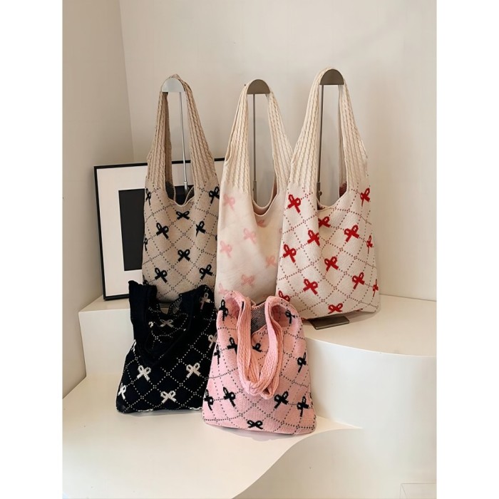 bow handbag, cute crochet handbag, beautiful beach bag, cute shoulder handbag, large capacity crochet grocery bag, crochet bag bow bag, beach mesh knit bag, boho bag