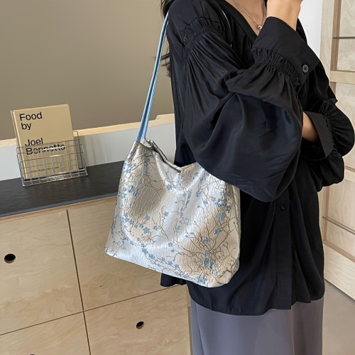 Elegant Floral Print Shoulder Bag For Women, Casual Versatile Crossbody Purse, Aesthetic Daily Commute Bucket Handbag