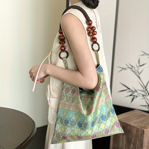 Vintage Floral Polyester Shoulder Bag with Embroidered Detail, Foldable Tote with Fixed Straps and Magnetic Closure, Elegant Women's Handbag for Travel, Work, and Shopping - Canvas Lined, Hand Washable - Yiwu Production Area