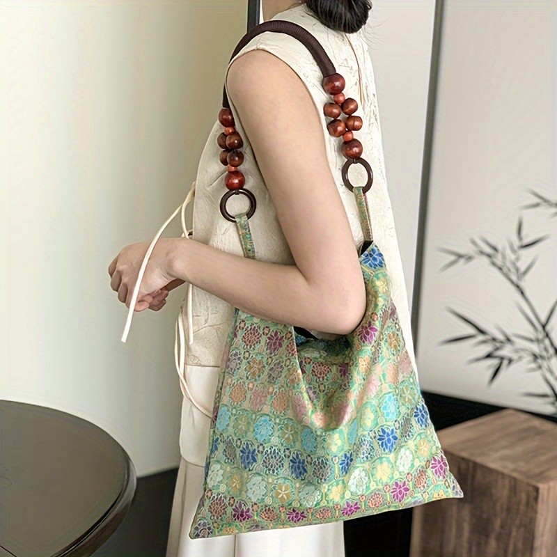 Vintage Floral Polyester Shoulder Bag with Embroidered Detail, Foldable Tote with Fixed Straps and Magnetic Closure, Elegant Women's Handbag for Travel, Work, and Shopping - Canvas Lined, Hand Washable - Yiwu Production Area