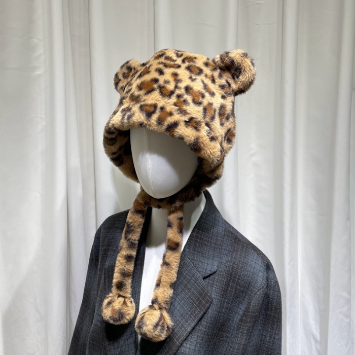 Khaki Leopard Print Beanie Trendy Bear Ear Flap Hat Cute Cartoon Plush Hats Halloween Costume Accessories Animal Hat For Women Female