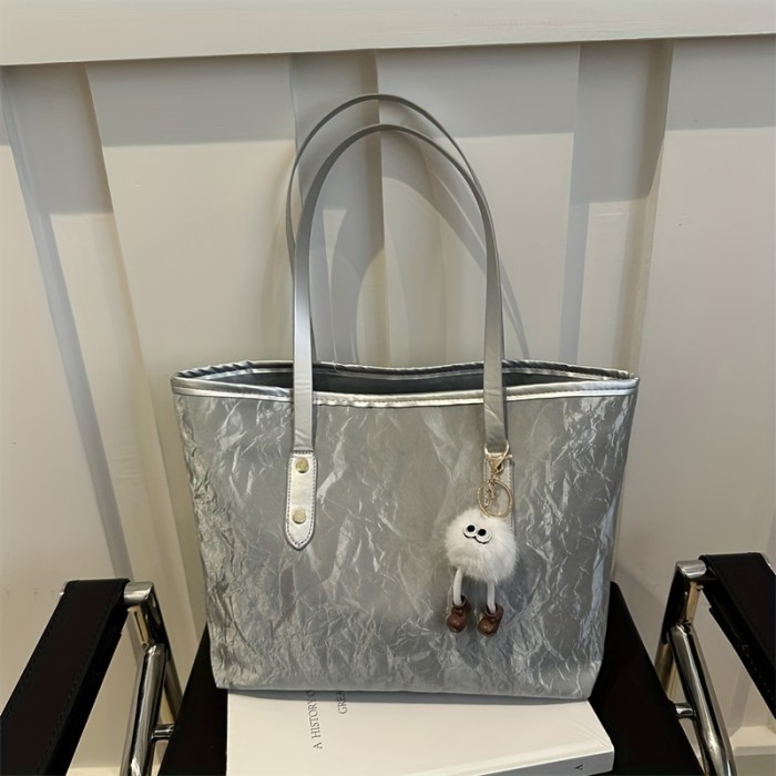 Chic Large Capacity Tote Bag for Women - Fashionable Faux Leather Shoulder & Crossbody Handbag with Cute Charm, Perfect for Shopping & Everyday Use