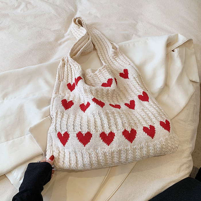 Women's knitted handbags, crochet shoulder bags, heart pattern handbags, beautiful daily knitted bags, sweet knitted shoulder bags