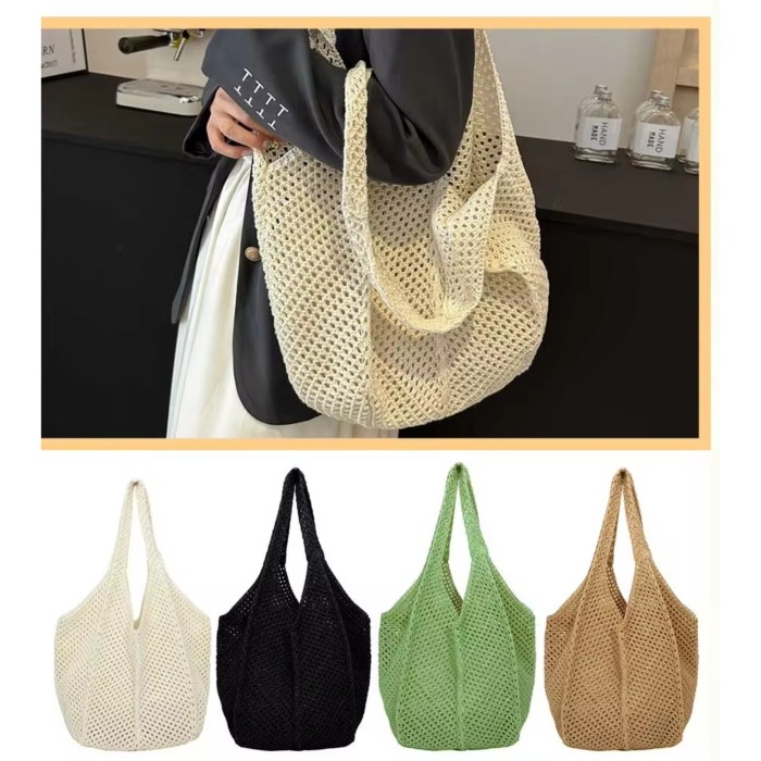 Crochet handbag, fashionable knitted bag, hollow large capacity handbag, casual solid color retro holiday bag, solid color woven shoulder bag