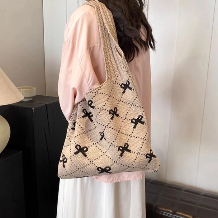 bow handbag, cute crochet handbag, beautiful beach bag, cute shoulder handbag, large capacity crochet grocery bag, crochet bag bow bag, beach mesh knit bag, boho bag