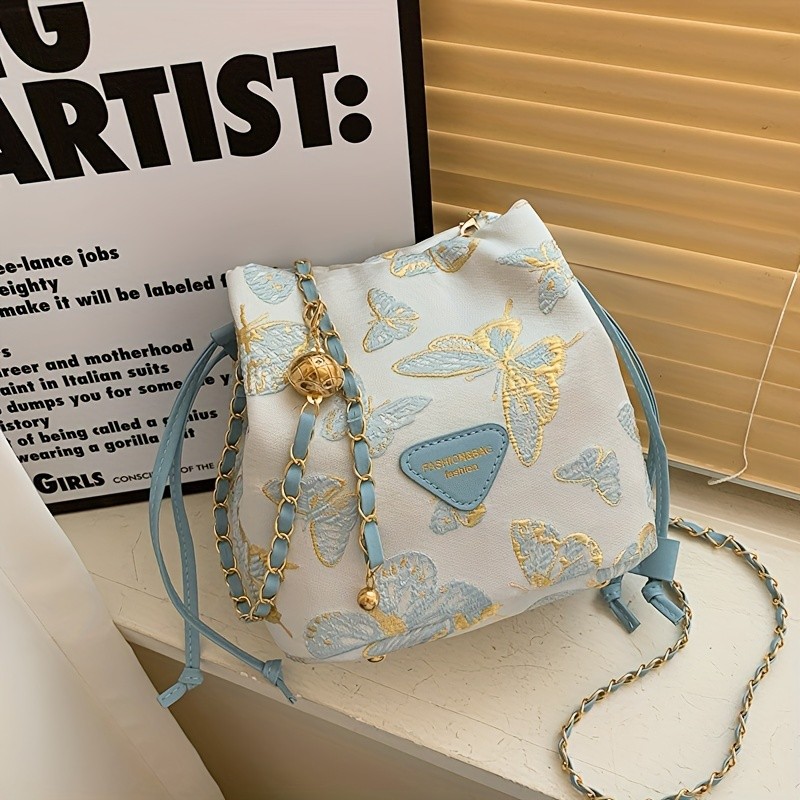 Floral Pattern Microfiber Leather Shoulder Bag with Chain Strap and Buckle Closure, Elegant Messenger Crossbody Bag with Polyester Lining and Edge Paint - Summer Bucket Style