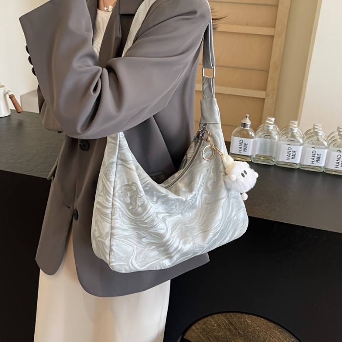 Urban Chic Faux Leather Crossbody Bag with Zipper Closure and Polycotton Lining - Solid Color, Fashionable Large Capacity Shoulder Handbag with Charm Accessory
