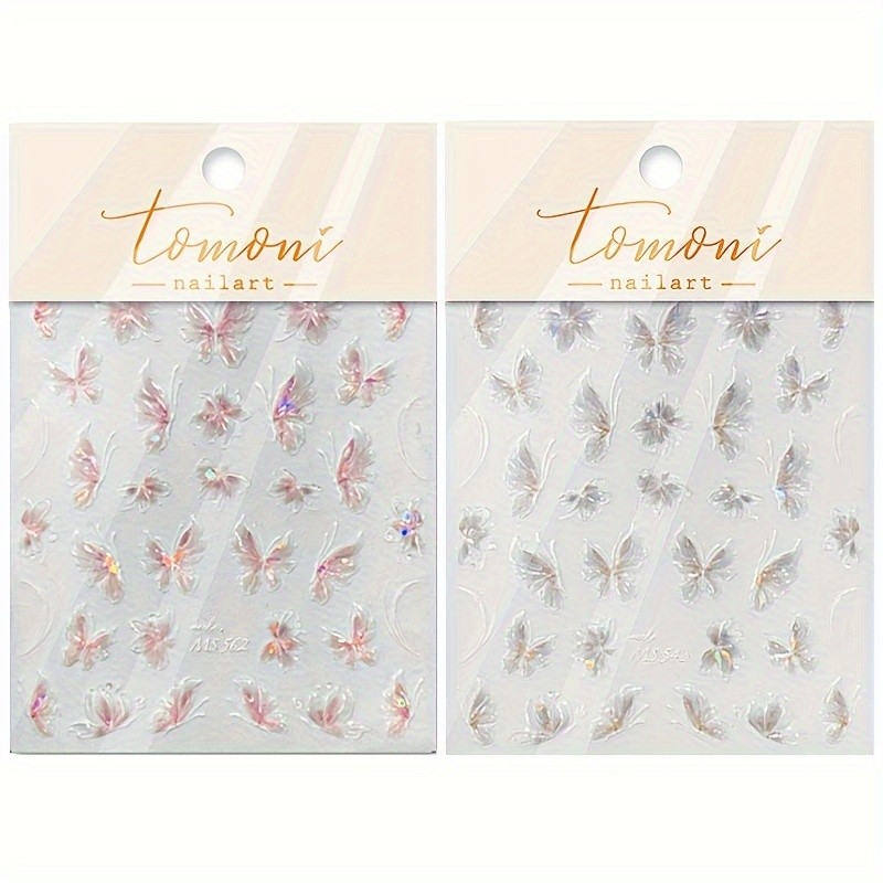 Jelly Aurora Colorful Butterfly Nail Stickers Pink Butterfly Shell Glitter Laser Angel Wings Nail Stickers Fairy-like Butterfly Champagne Color Semi-transparent Cool Size Butterfly Nail Stickers Exquisite Decoration Small Gift Set